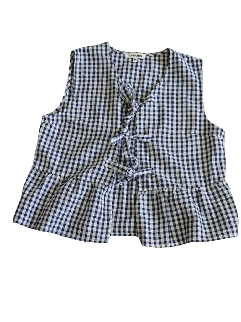 Blue Gingham Tie-Front Peplum Blouse
